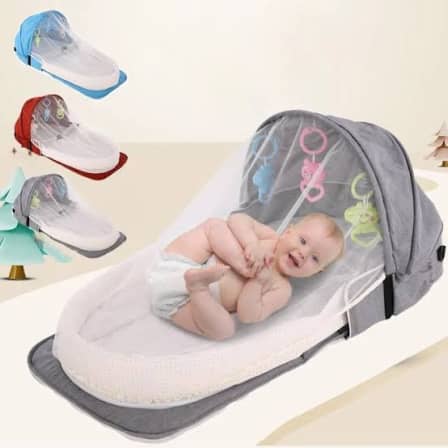 Portable Baby bed with Mozzi Net & Toys - Grey_0